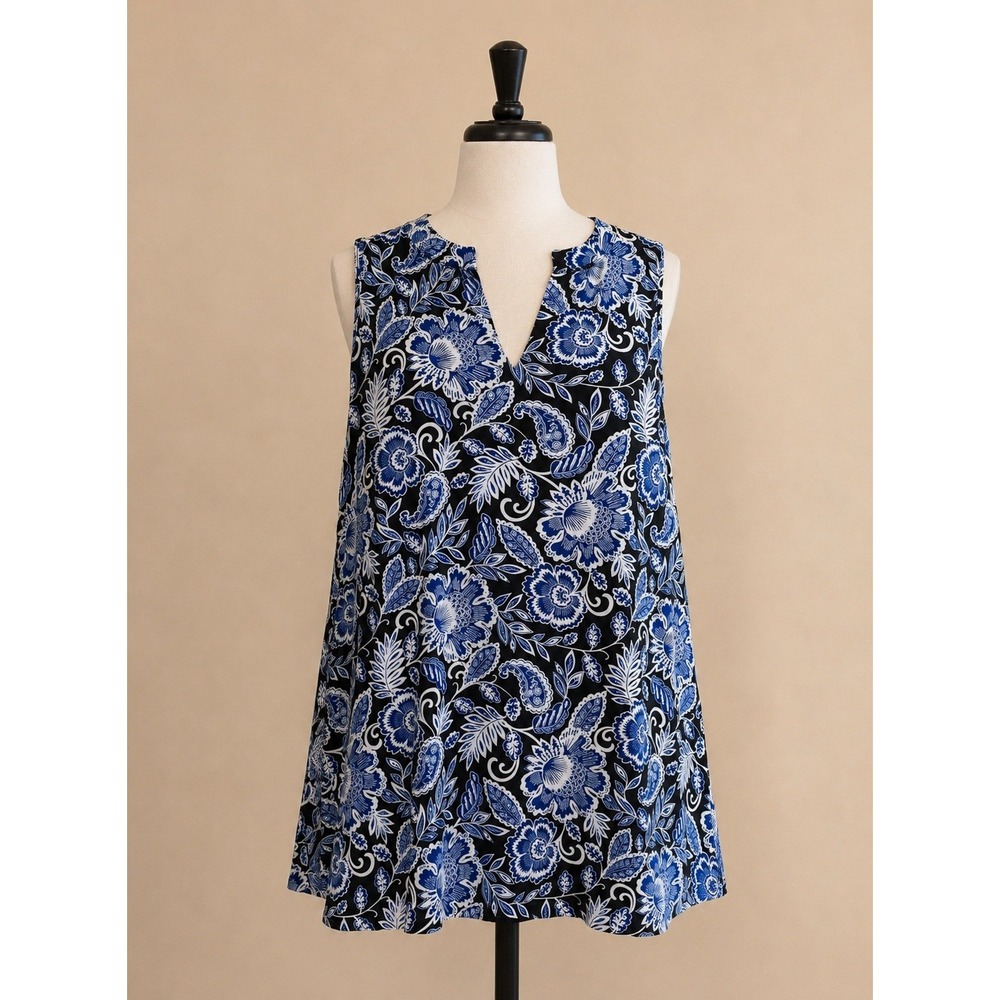 Lands End Tunic Top Womens M Plus Sz Blue Floral Paisley Sleeveless Split V-Neck